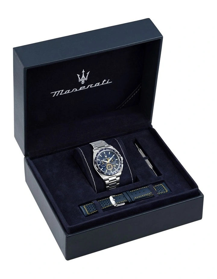 Maserati Velocita Chrono Dial Stainless Steel Strap And Leather Strap Watch 43mm in Silver