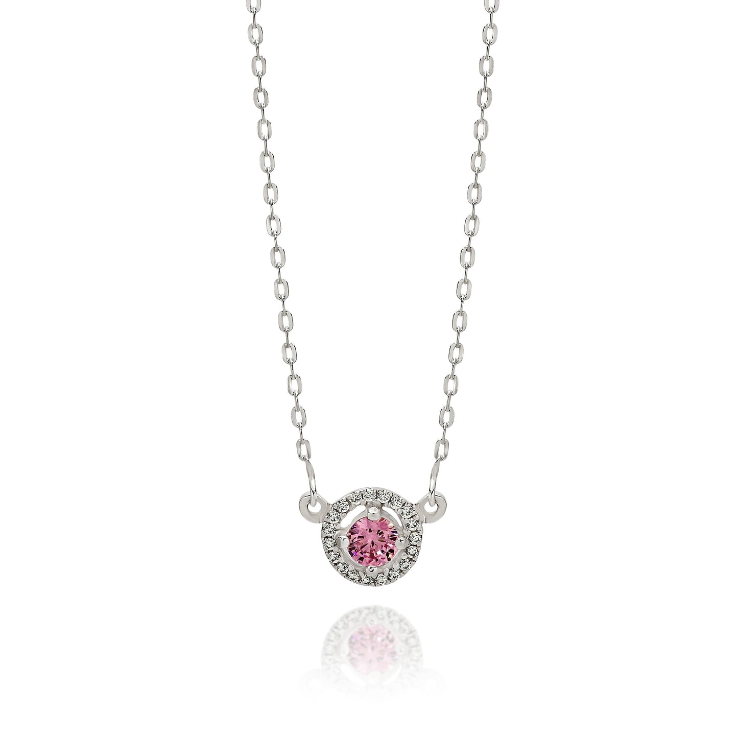 Silver pink cubic zirconia halo necklet