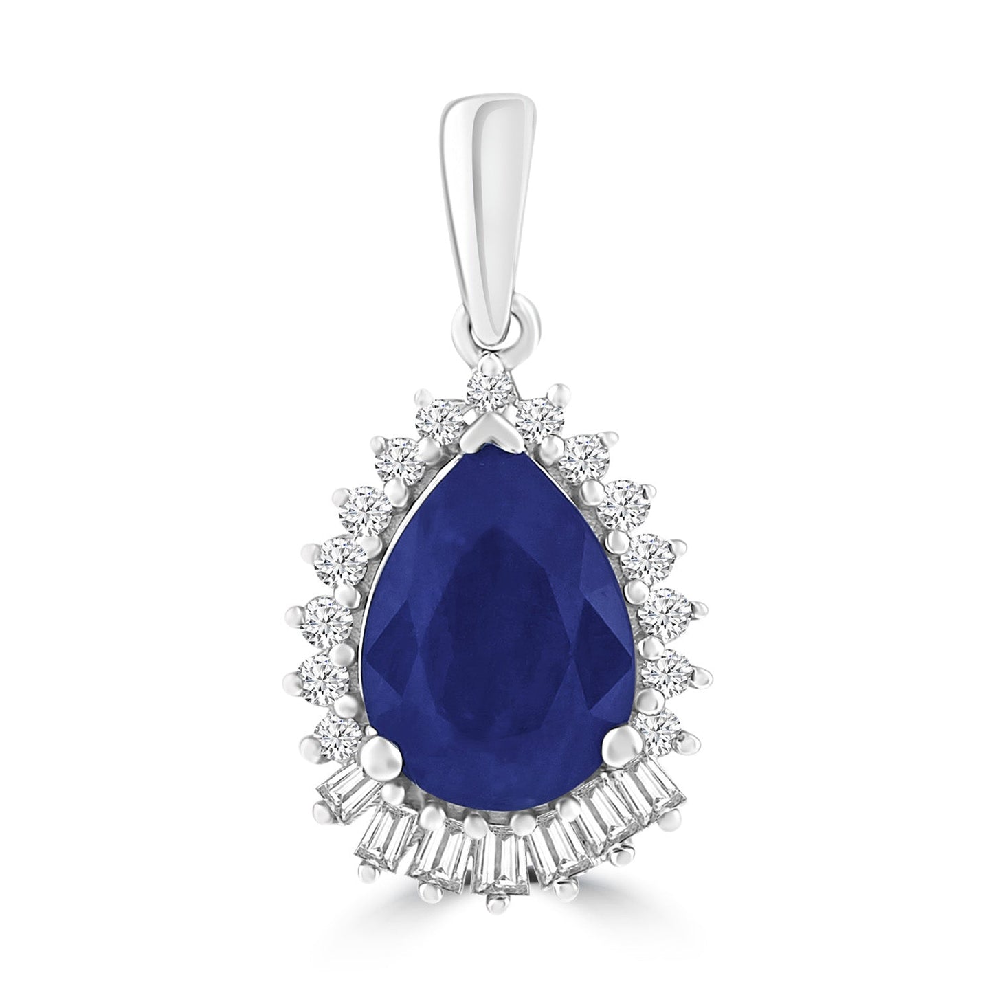 Pear Sapphire Pendant with 0.08ct Diamond in 9ct White Gold
