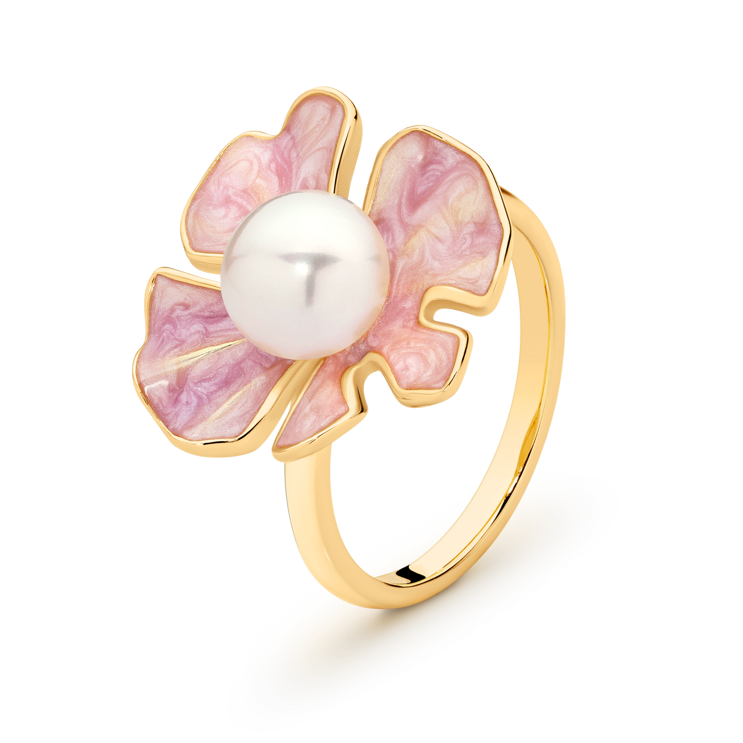Gold Plated Sterling Silver Pearl & Pink Enamel Ring