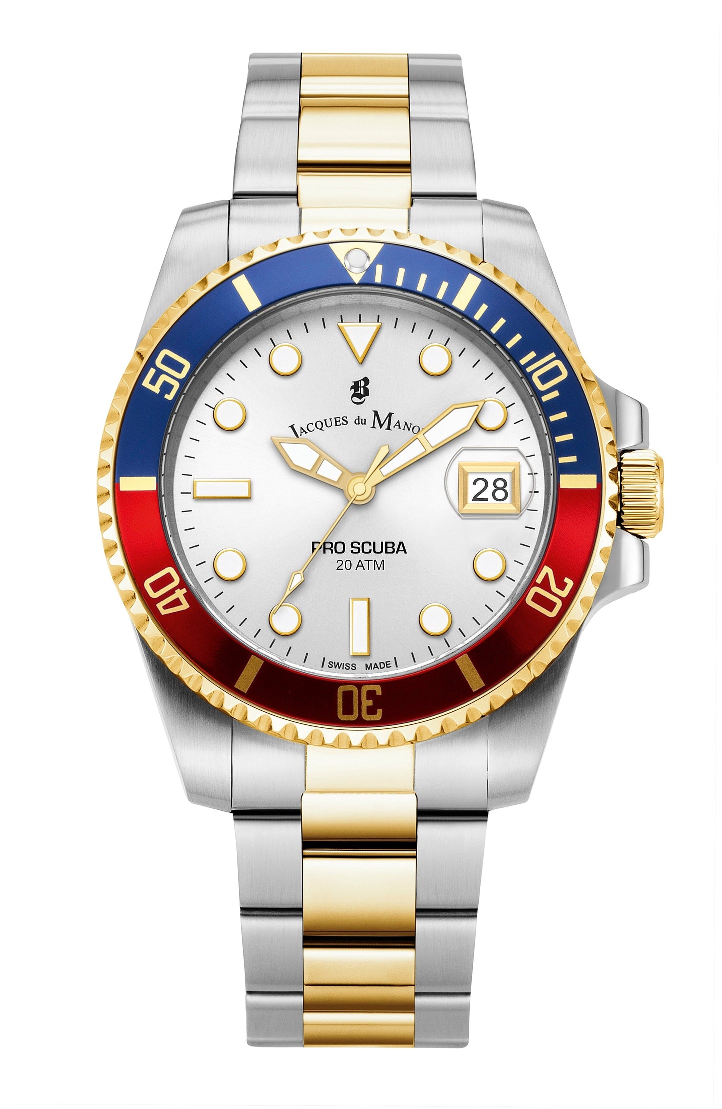 Jacques du Manoir Swiss-Made Pro Scuba 43 Two Tone Red/Blue Bezel Watch