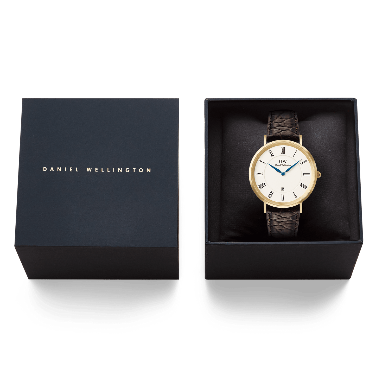 Daniel Wellington Classic Roman Numerals Date Dark Brown Croc Belly Gold