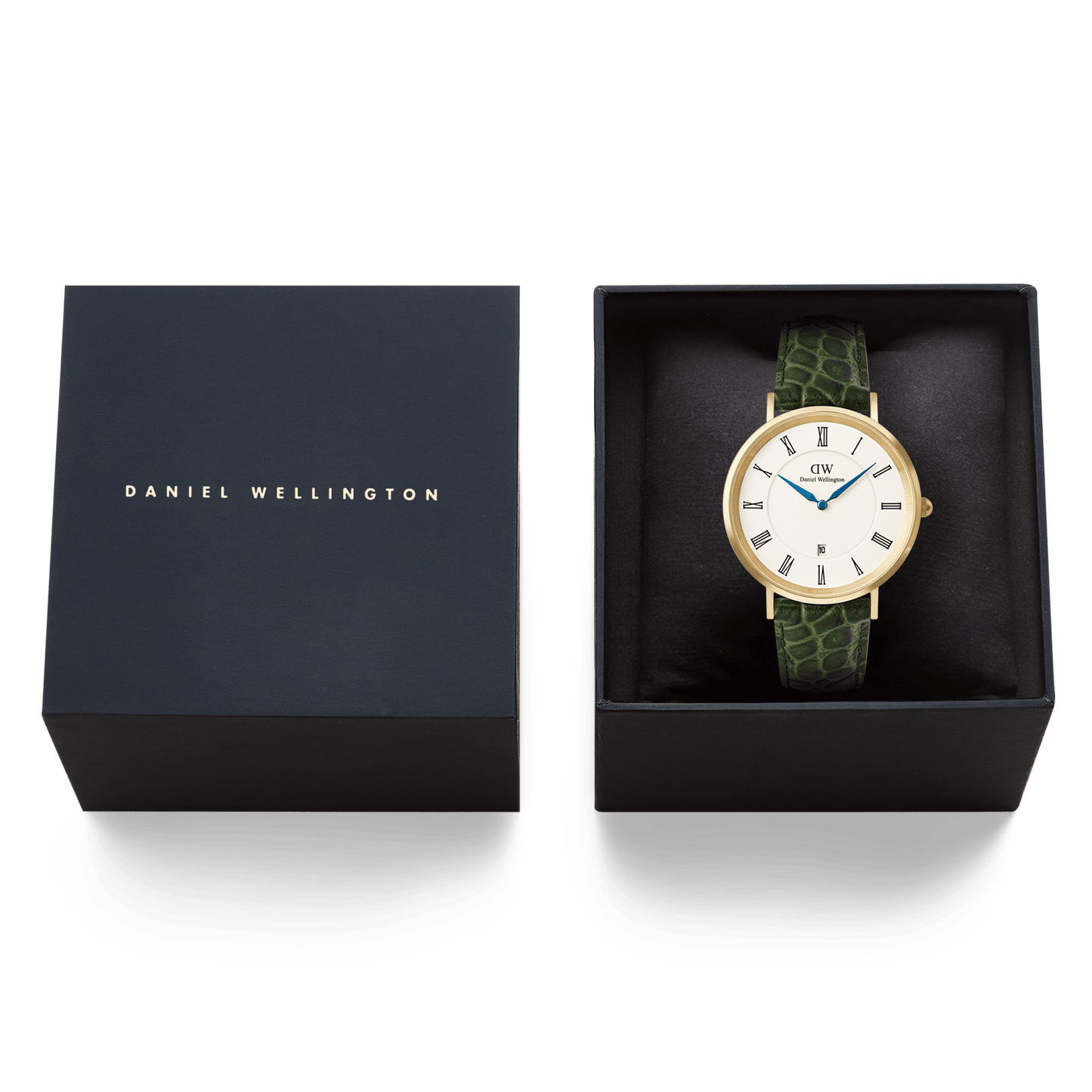 Daniel Wellington Classic Roman Numerals Date Dark Green Croc Belly Gold