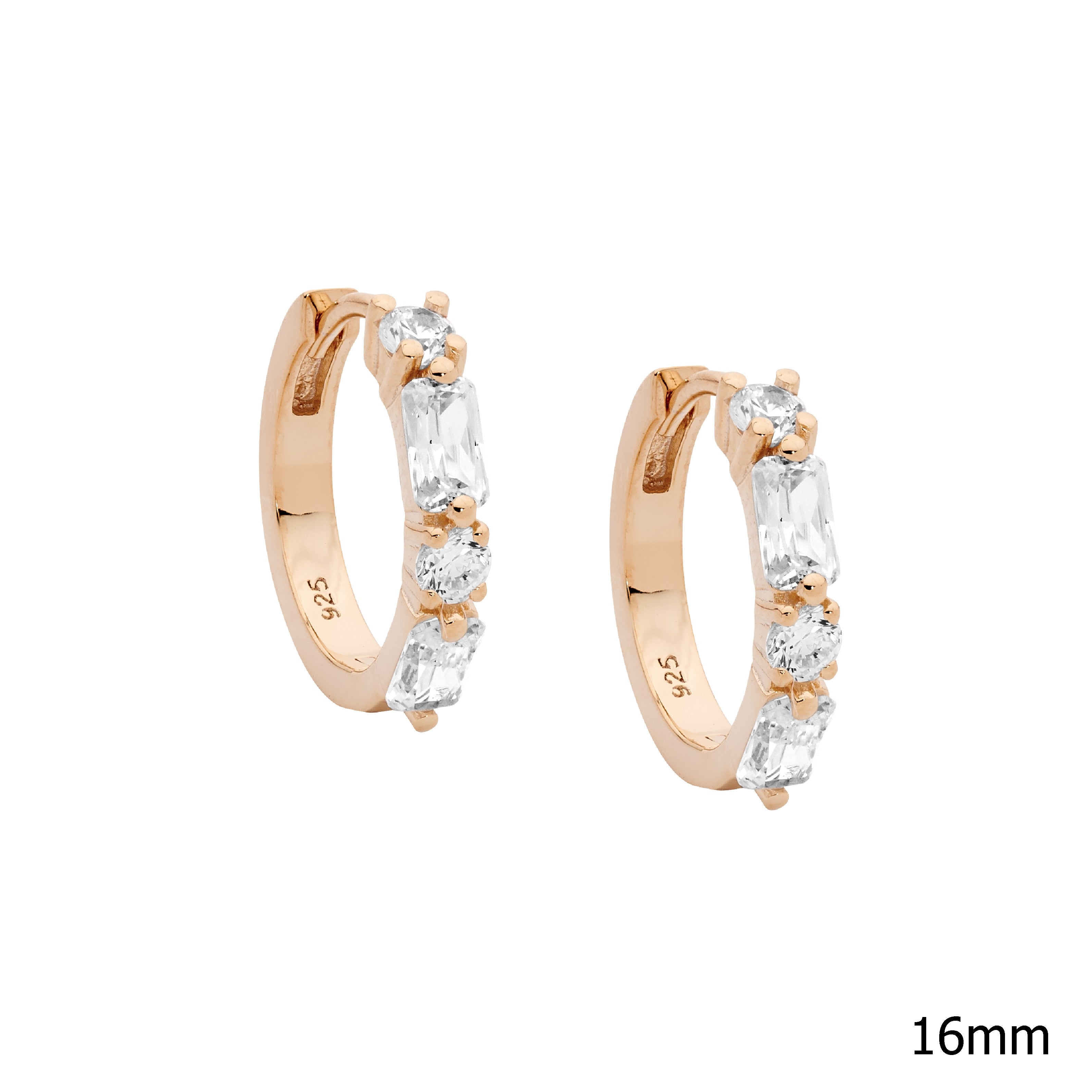 Sterling Silver Cubic Zirconia Round & Baguette 16mm Hoop Earrings With Rose Gold Plating