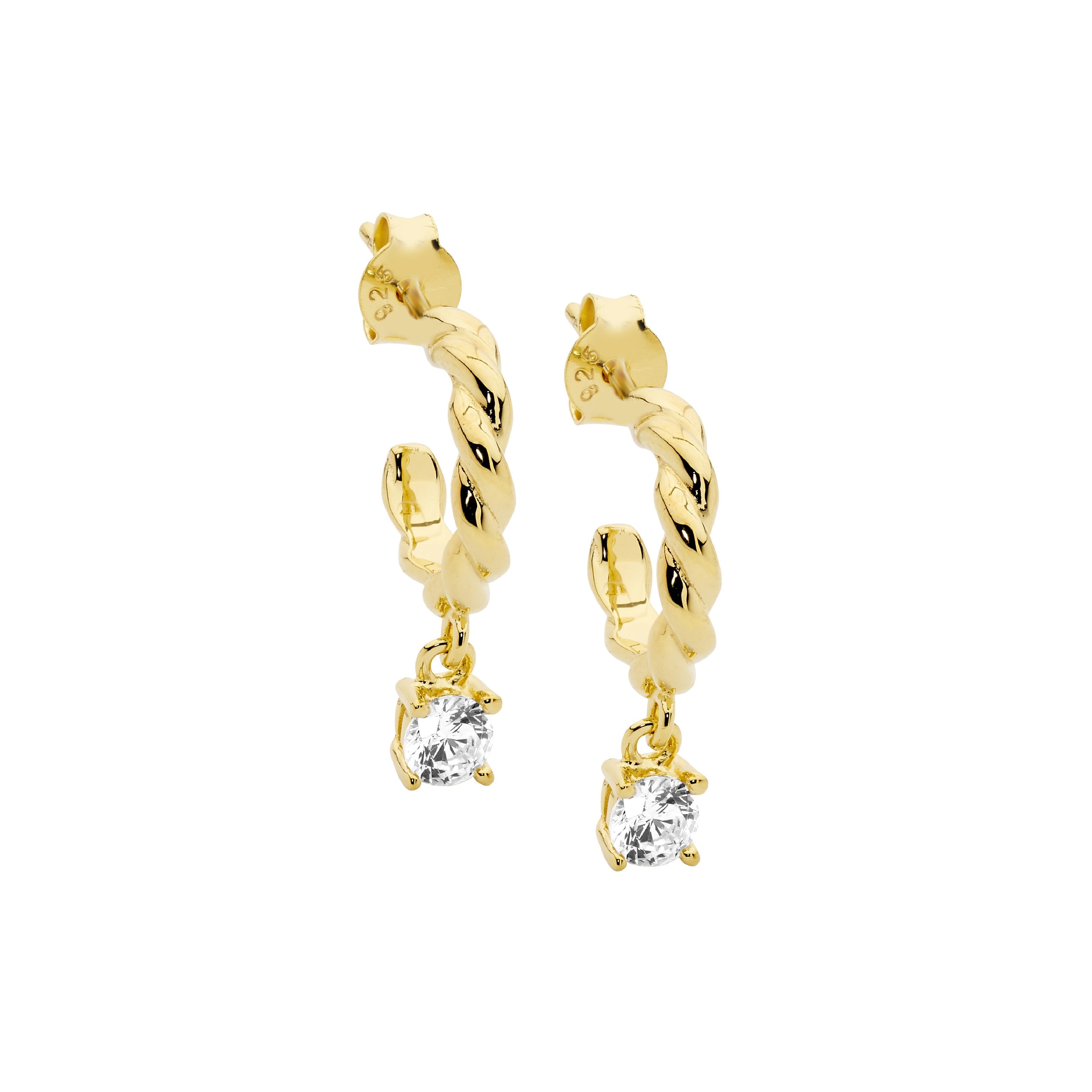 Sterling Silver 13mm Twist Hoop Earrings, Cubic Zirconia Claw Set Drop With Gold Plating