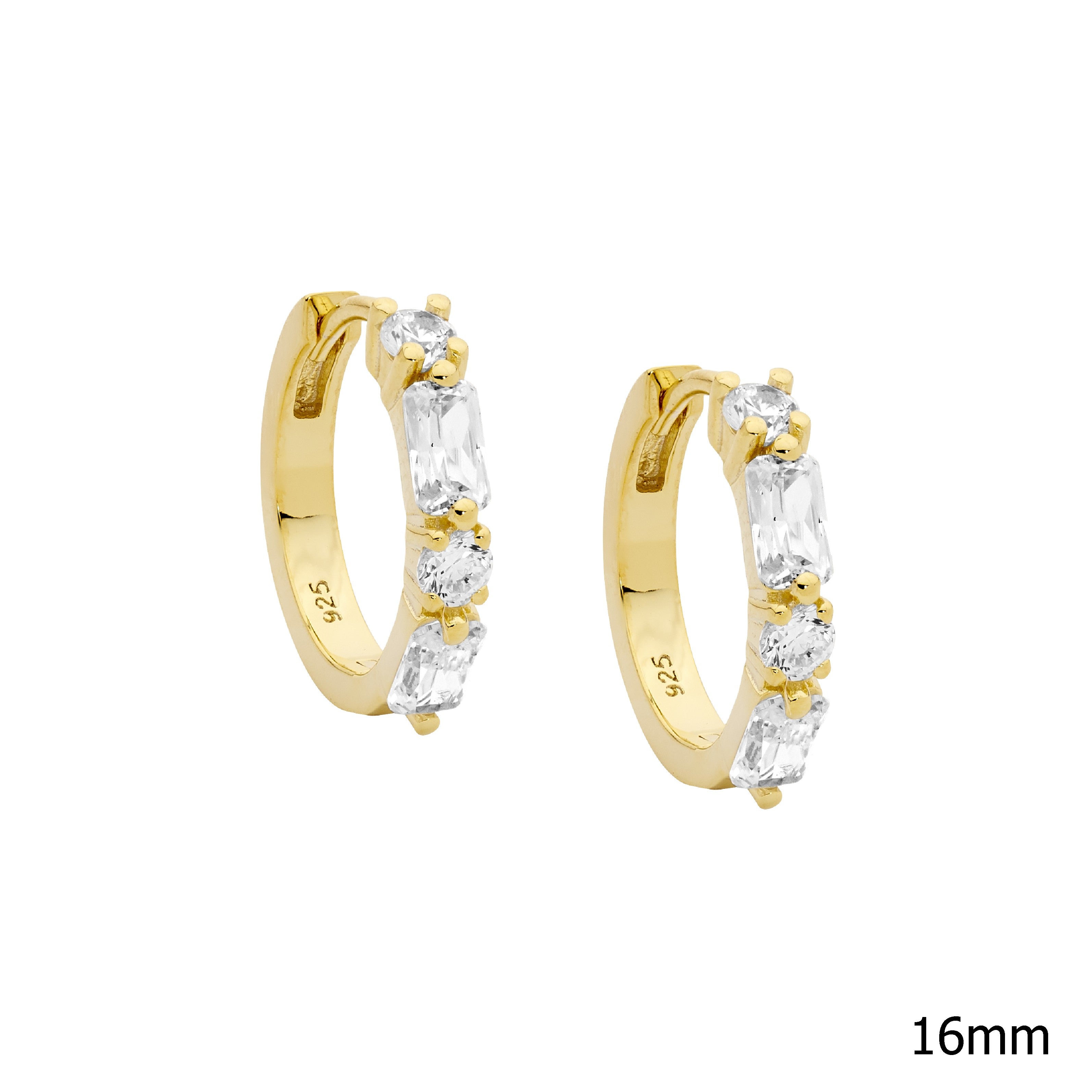Sterling Silver Cubic Zirconia Round & Baguette 16mm Hoop Earrings With Gold Plating