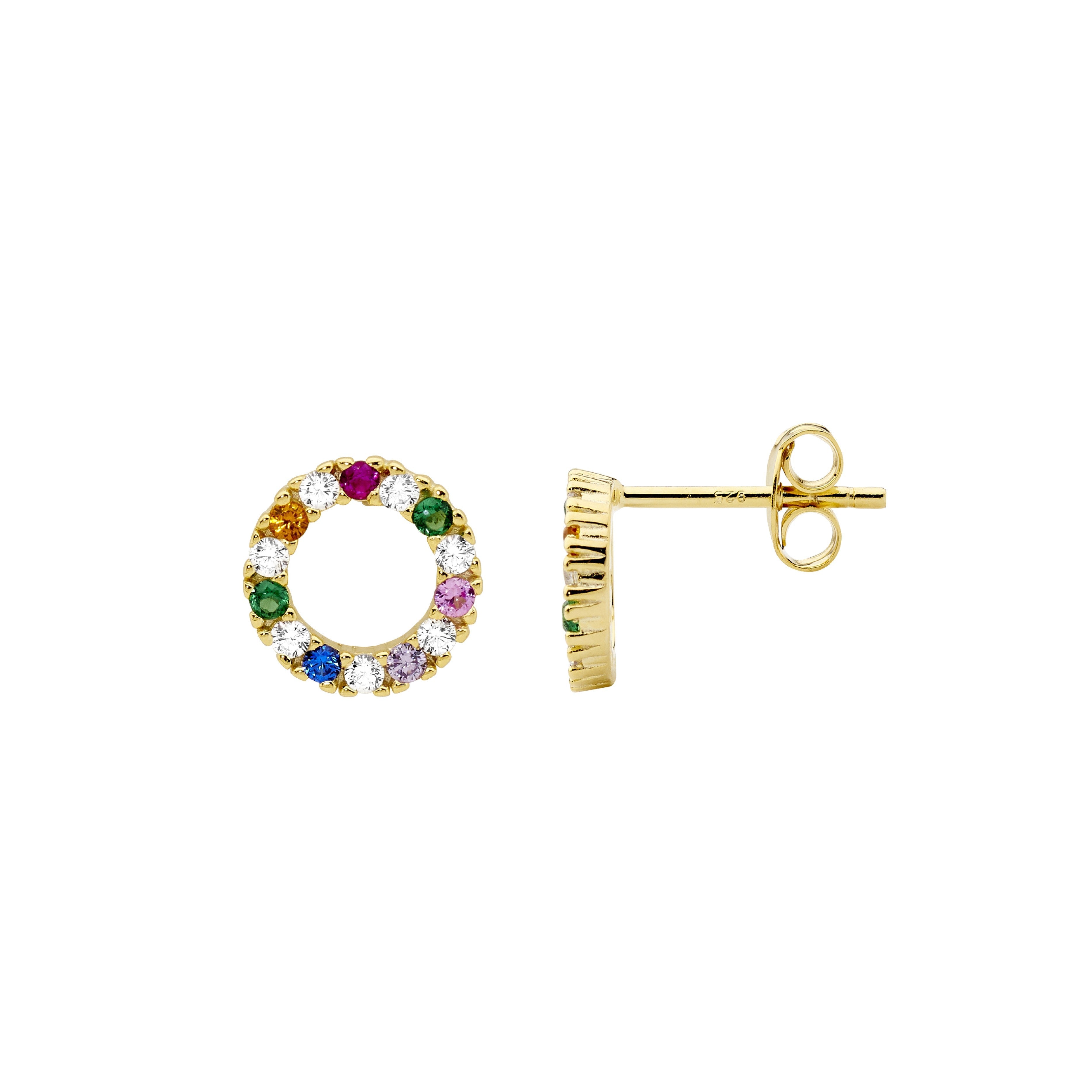 Sterling Silver & Multi Colour Cubic Zirconia 9mm Open Circle Earrings With Gold Plating