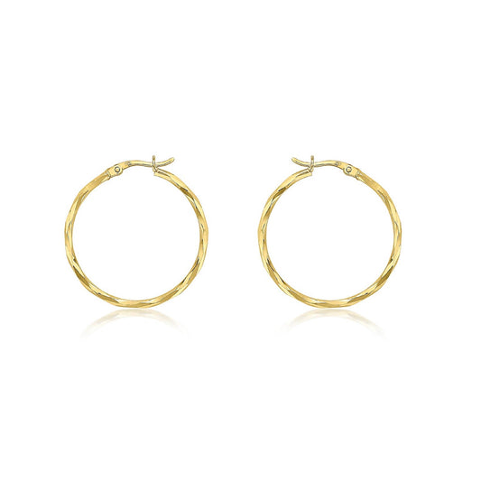 9ct Yellow Gold Diamond Cut Hoop Earrings 28mm