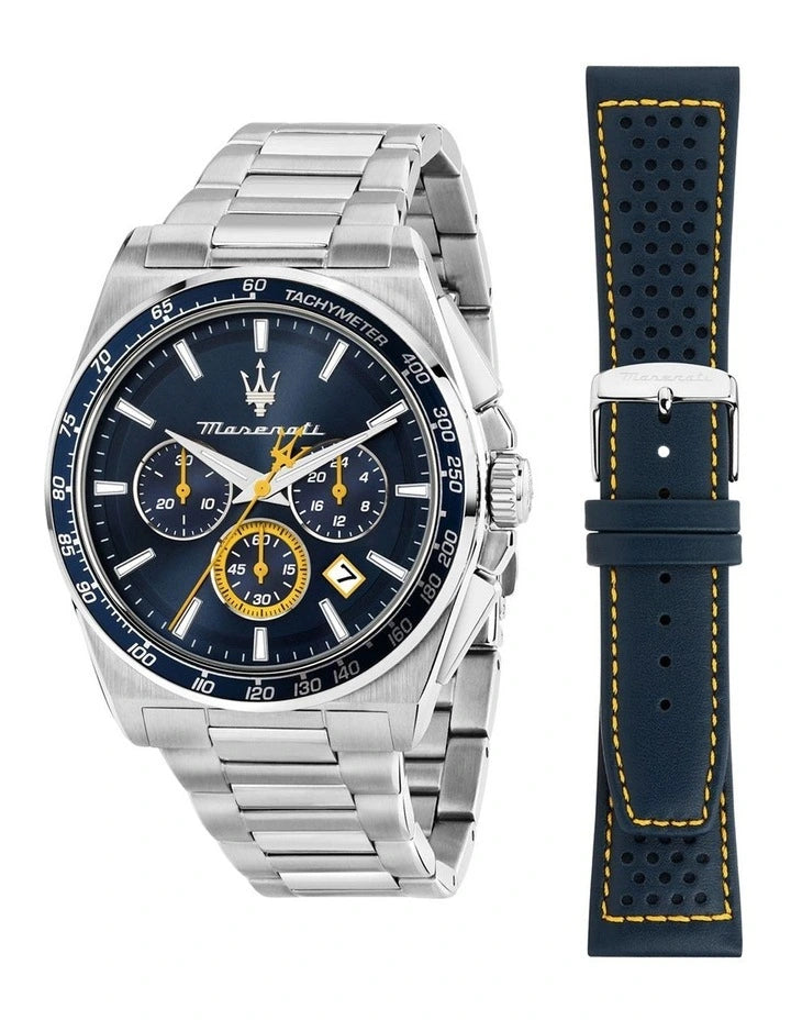 Maserati Velocita Chrono Dial Stainless Steel Strap And Leather Strap Watch 43mm in Silver
