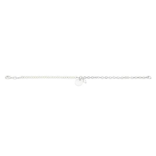 Silver cable link and freshwater pearl bracelet with engravable round disc
