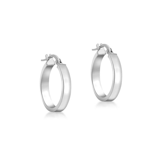 9ct White Gold 3mm Rectangular-Tube 15mm Hoop Creole Earrings