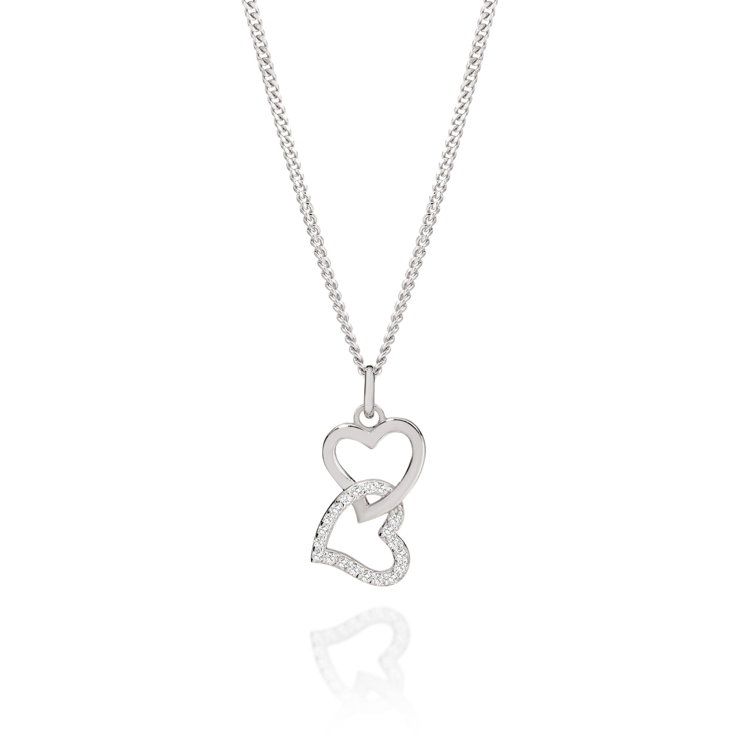 Silver stone set double heart pendant