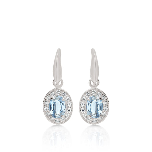 Silver oval light blue cubic zirconia halo drops