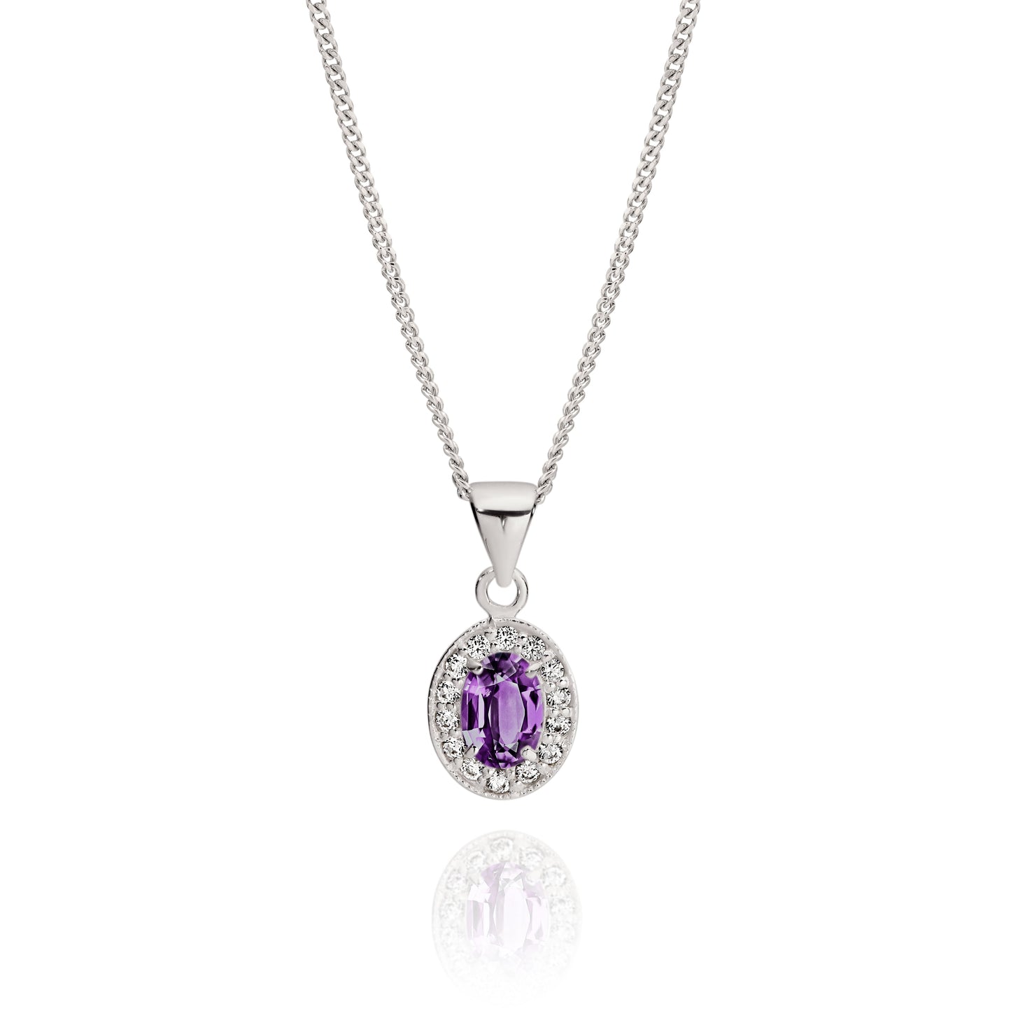 Silver purple cubic zirconia oval halo pendant