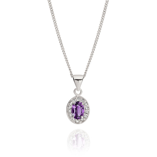 Silver purple cubic zirconia oval halo pendant