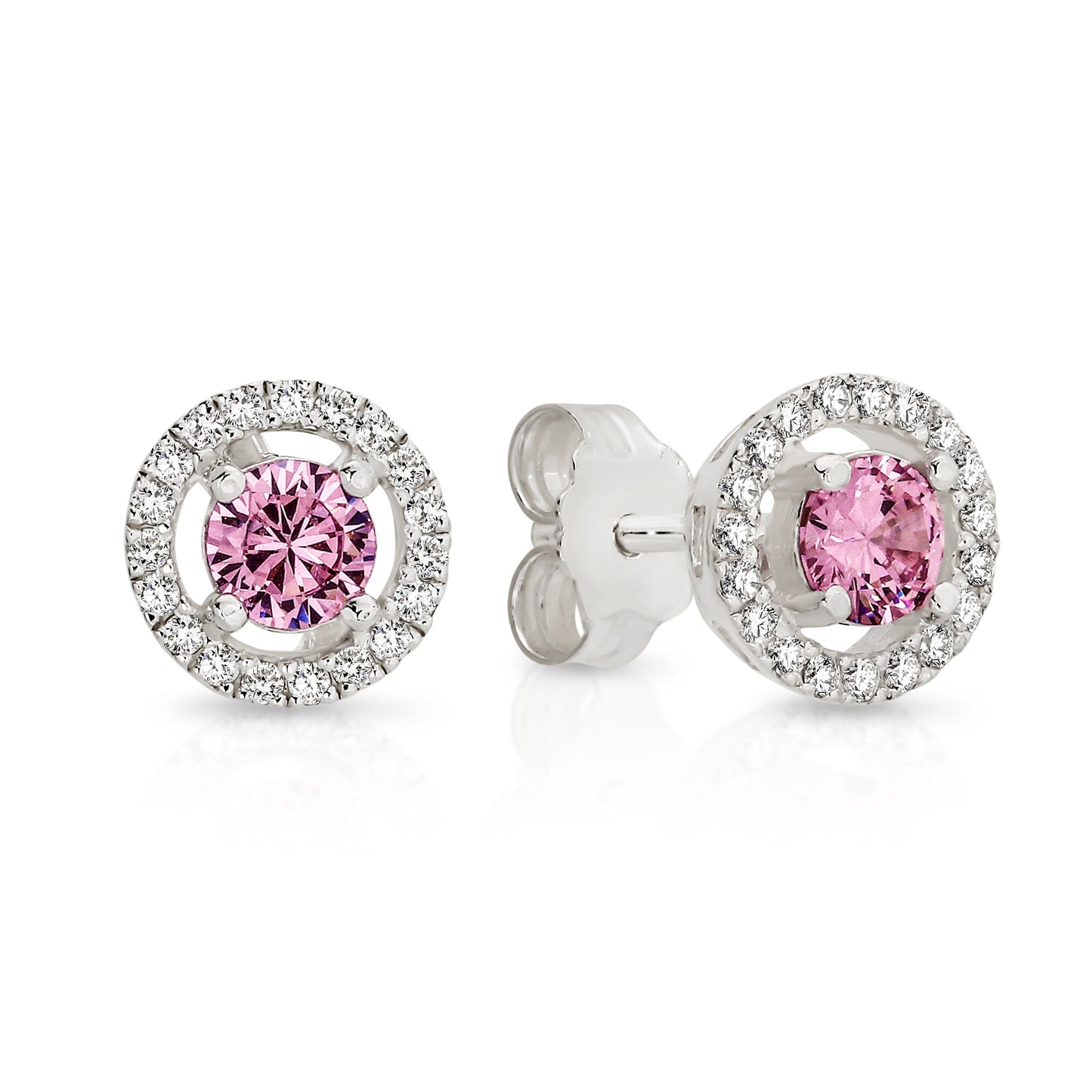 Silver pink cubic zirconia halo studs