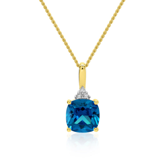 9ct gold london blue topaz & diamond pendant