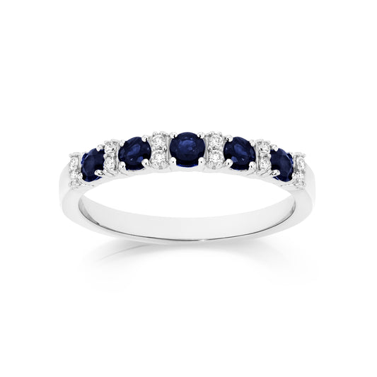 9ct white gold blue sapphire anniversary ring with 0.10ct of dia