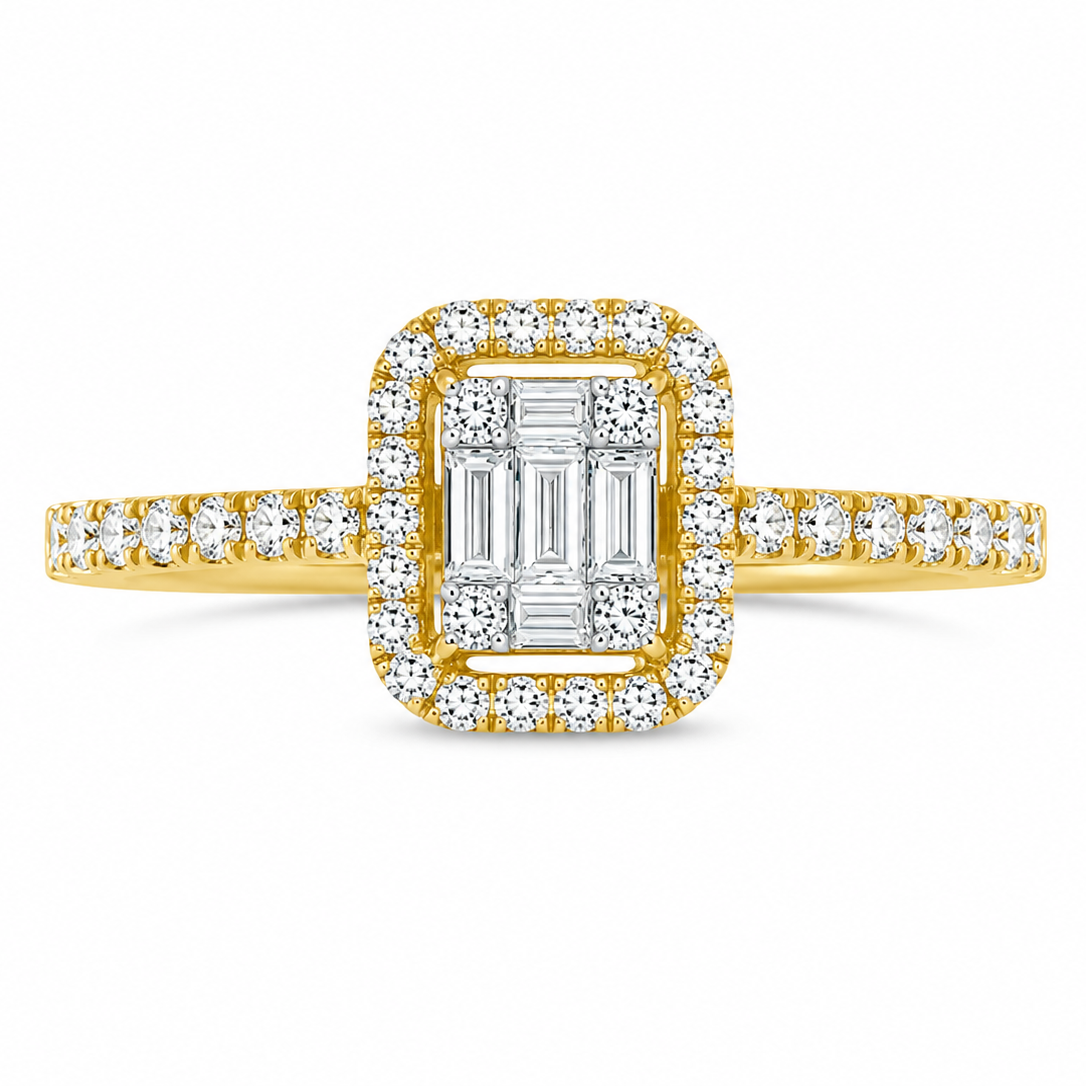 18ct Yellow Gold Baguette & Round Diamond Ring