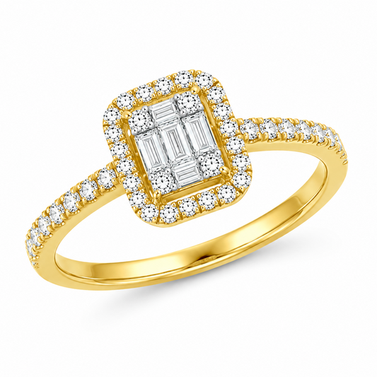 18ct Yellow Gold Baguette & Round Diamond Ring