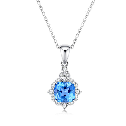 9ct White Gold Blue Topaz & Diamond Pendant