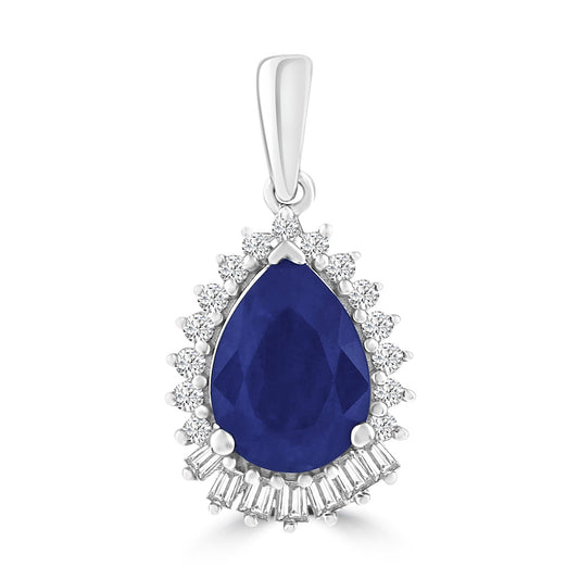 Pear Sapphire Pendant with 0.08ct Diamond in 9ct White Gold
