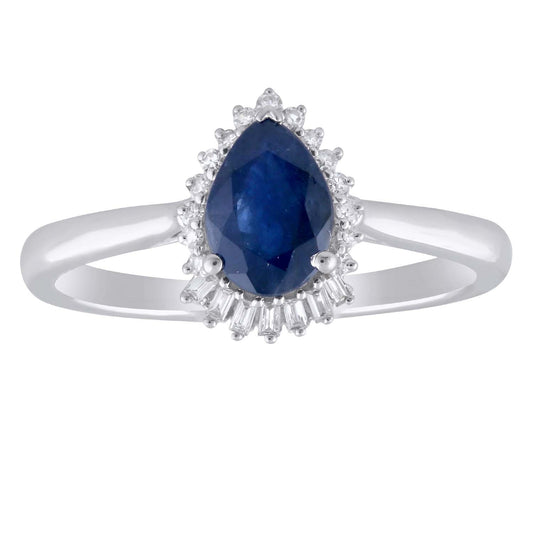 Pear Sapphire Ring with 0.08ct Diamonds in 9ct White Gold