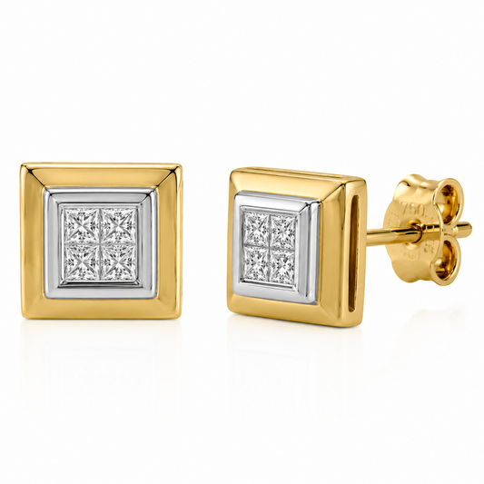 18ct Two-Tone Gold Diamond Square Stud Earrings