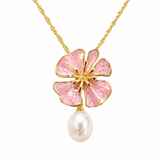 Gold Plated Sterling Silver Pearl & Pink Enamel Pendant
