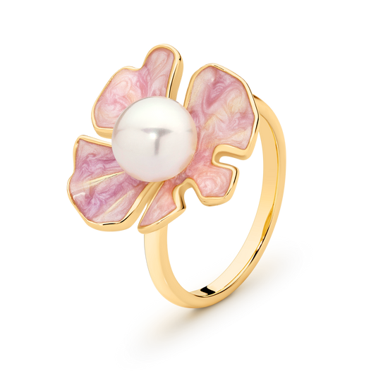 Gold Plated Sterling Silver Pearl & Pink Enamel Ring