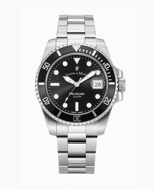 Jacques du Manoir Swiss-Made Pro Scuba 43 Stainless Steel and Black Watch