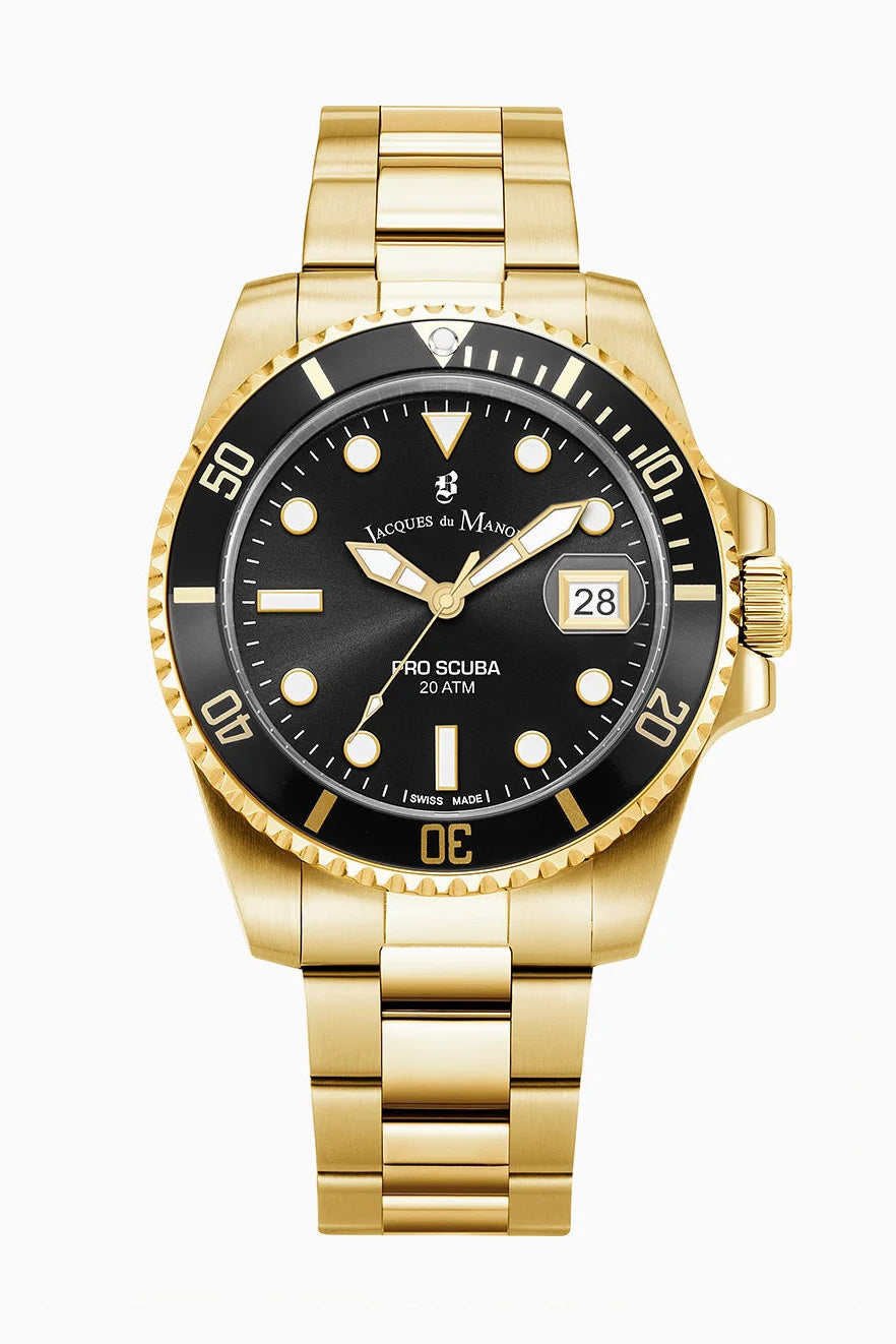 Pro Scuba Gold-Tone Black Dial Watch - Jacques Du Manoir