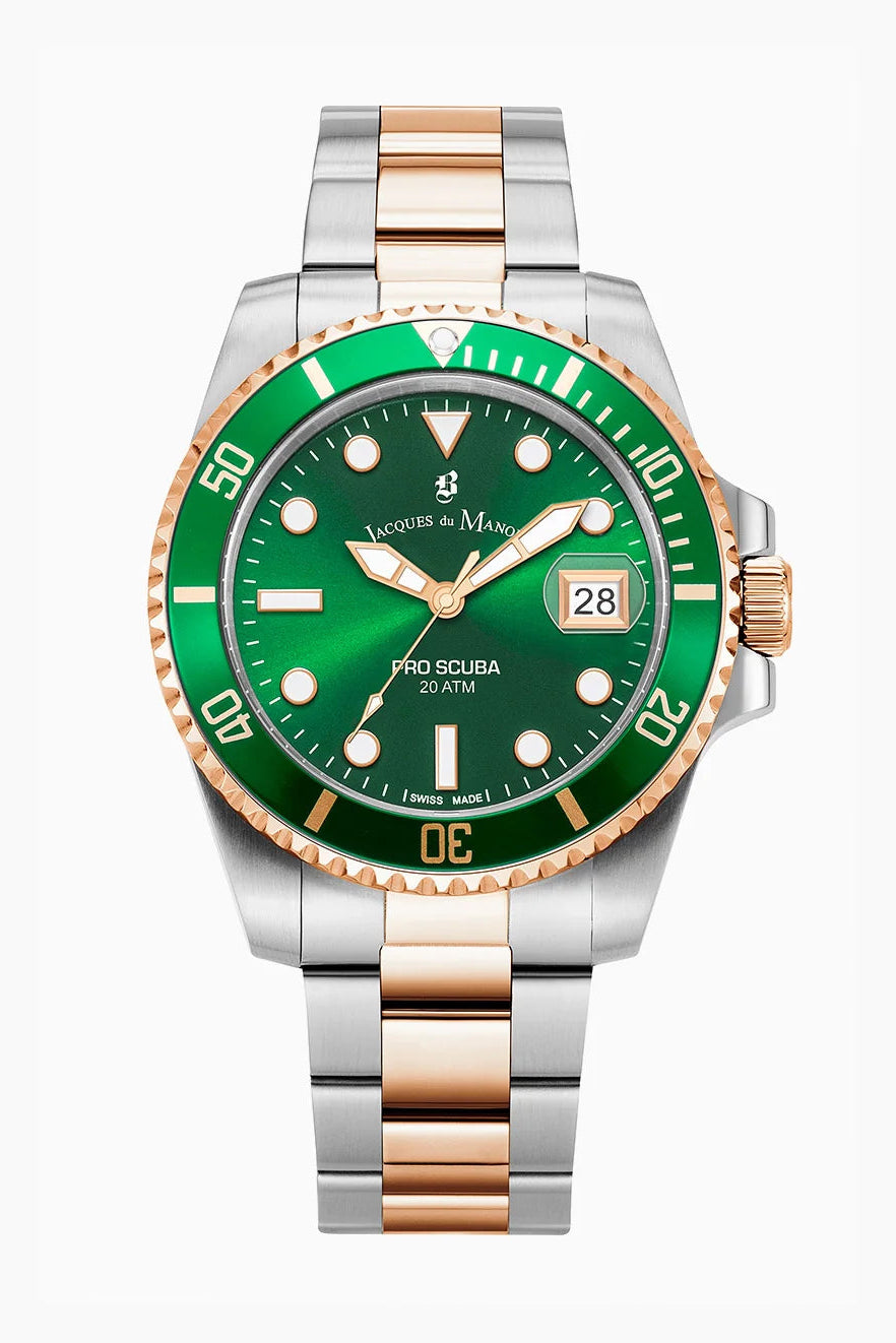 Pro Scuba Two-Tone Green Dial Swiss Watch - Jacques Du Manoir