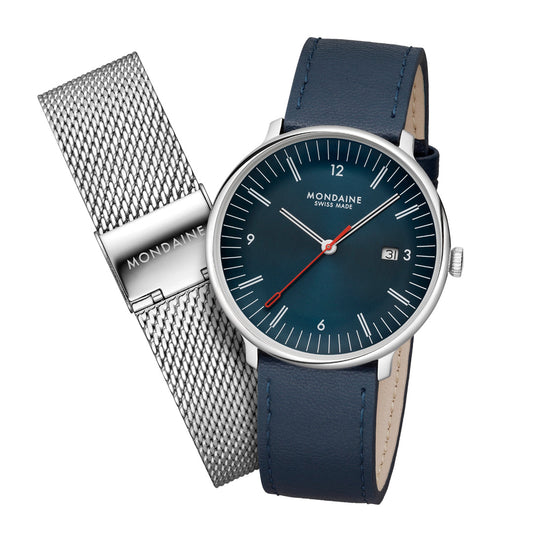 Mondaine Doppio 41mm Vegan Leather Watch Set - MLE.41240.LQV.SET