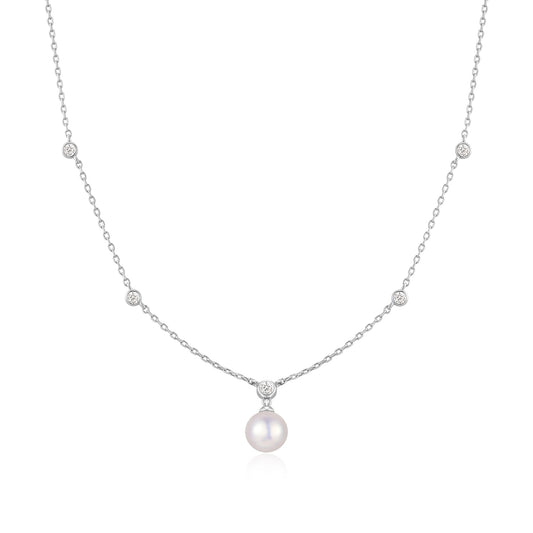 Ania Haie Silver Bezel-Set Station Necklace with Shell Pearl Pendant