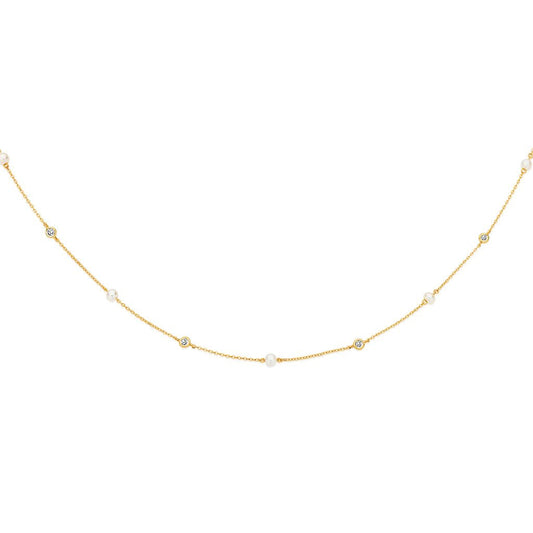 9ct gold delicate freshwater pearl and cubic zirconia necklet