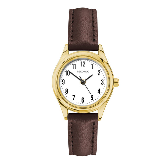 Sekonda Womens Evans White Dial Gold Brwn Leather Strap 25mm Watch