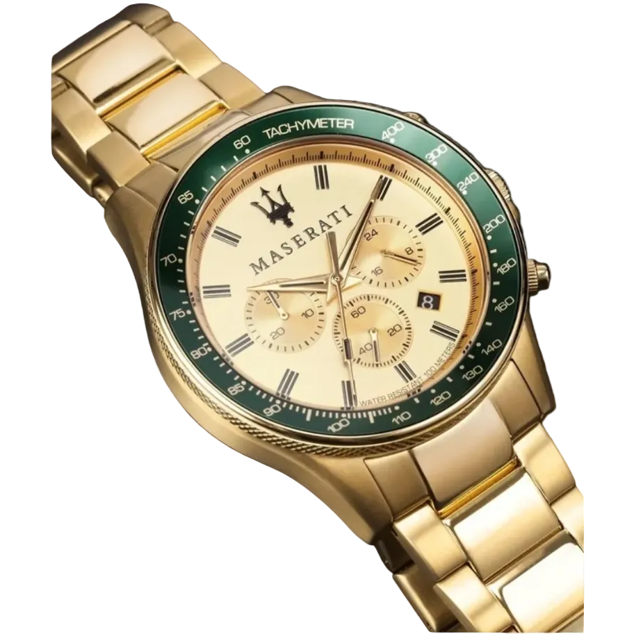 Maserati Sfida Chronograph Gold Dial  with Green Bezel Watch