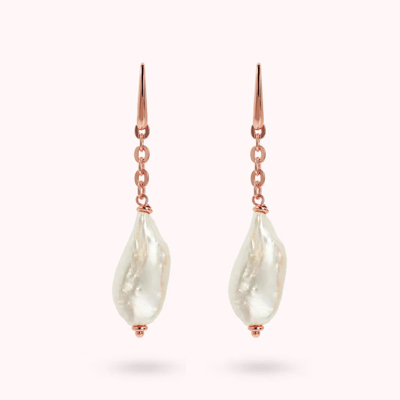Pendant Earrings with Rolo Chain and White Freshwater Baroque Pearls