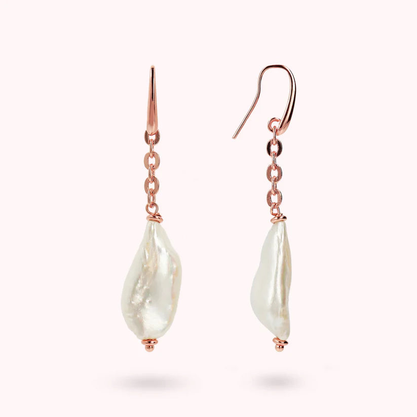 Pendant Earrings with Rolo Chain and White Freshwater Baroque Pearls