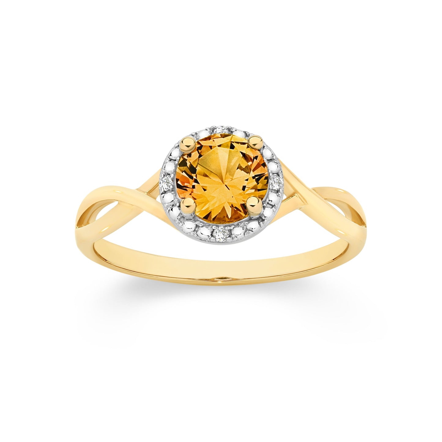 9ct Yellow Gold Round Citrine Ring with Diamond Halo