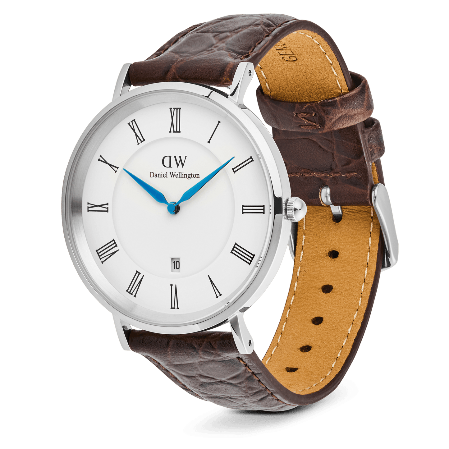 Daniel Wellington Classic Roman Numerals Date Dark Brown Croc Belly Silver