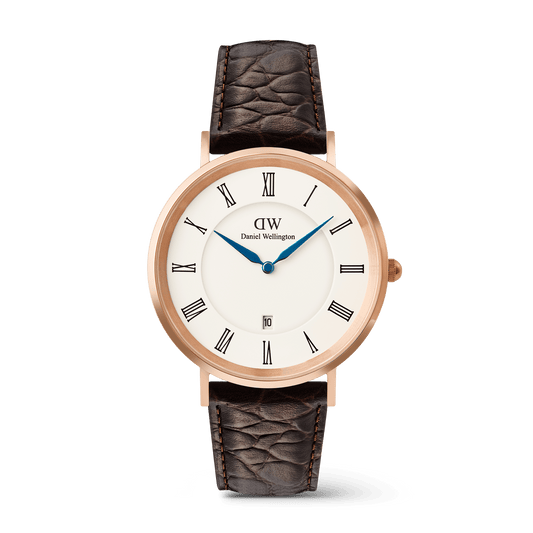 Daniel Wellington Classic Roman Numerals Date Dark Brown Croc Belly Rose Gold