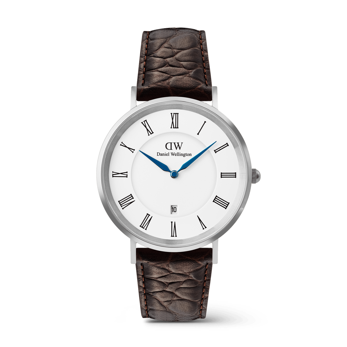 Daniel Wellington Classic Roman Numerals Date Dark Brown Croc Belly Silver