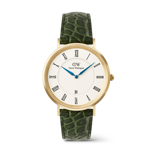 Daniel Wellington Classic Roman Numerals Date Dark Green Croc Belly Gold