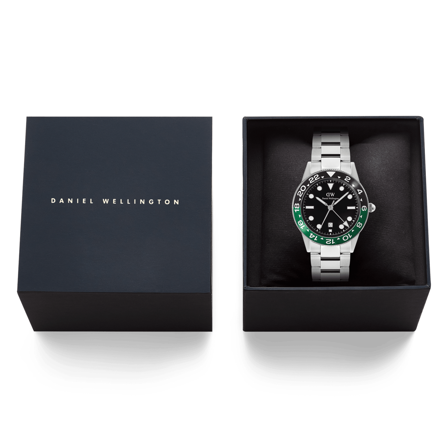 Daniel Wellington Iconic GMT Link Black Green Ceramic Bezel Silver