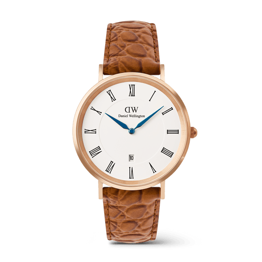 Daniel Wellington Classic Roman Numerals Date Light Brown Croc Belly Rose Gold