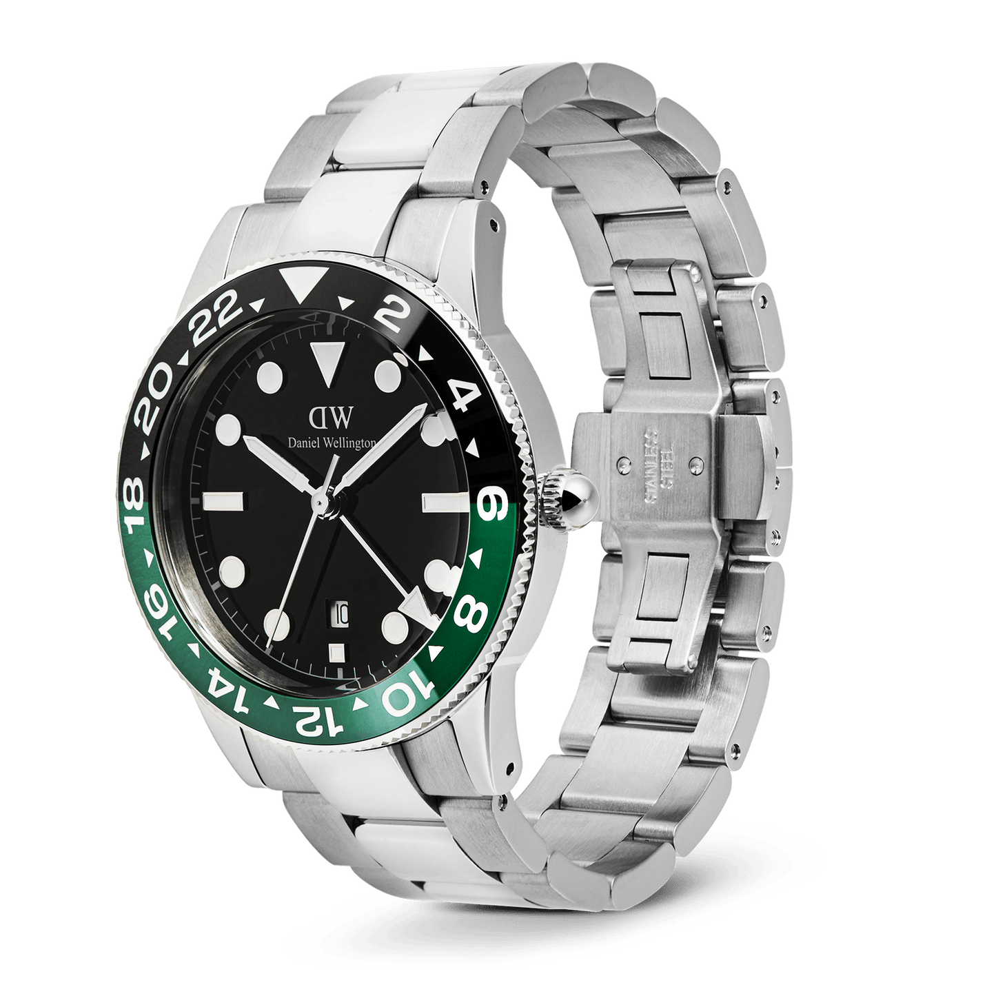 Daniel Wellington Iconic GMT Link Black Green Ceramic Bezel Silver