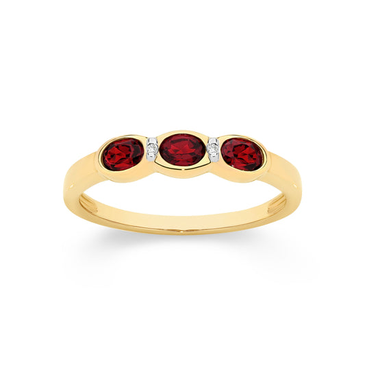 9ct Yellow Gold Garnet Trilogy Ring with Diamond Accents