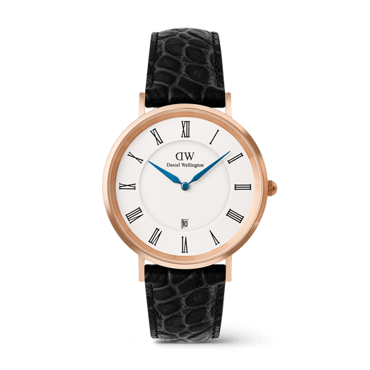 Daniel Wellington Classic Roman Numerals Date Black Croc Belly Rose Gold